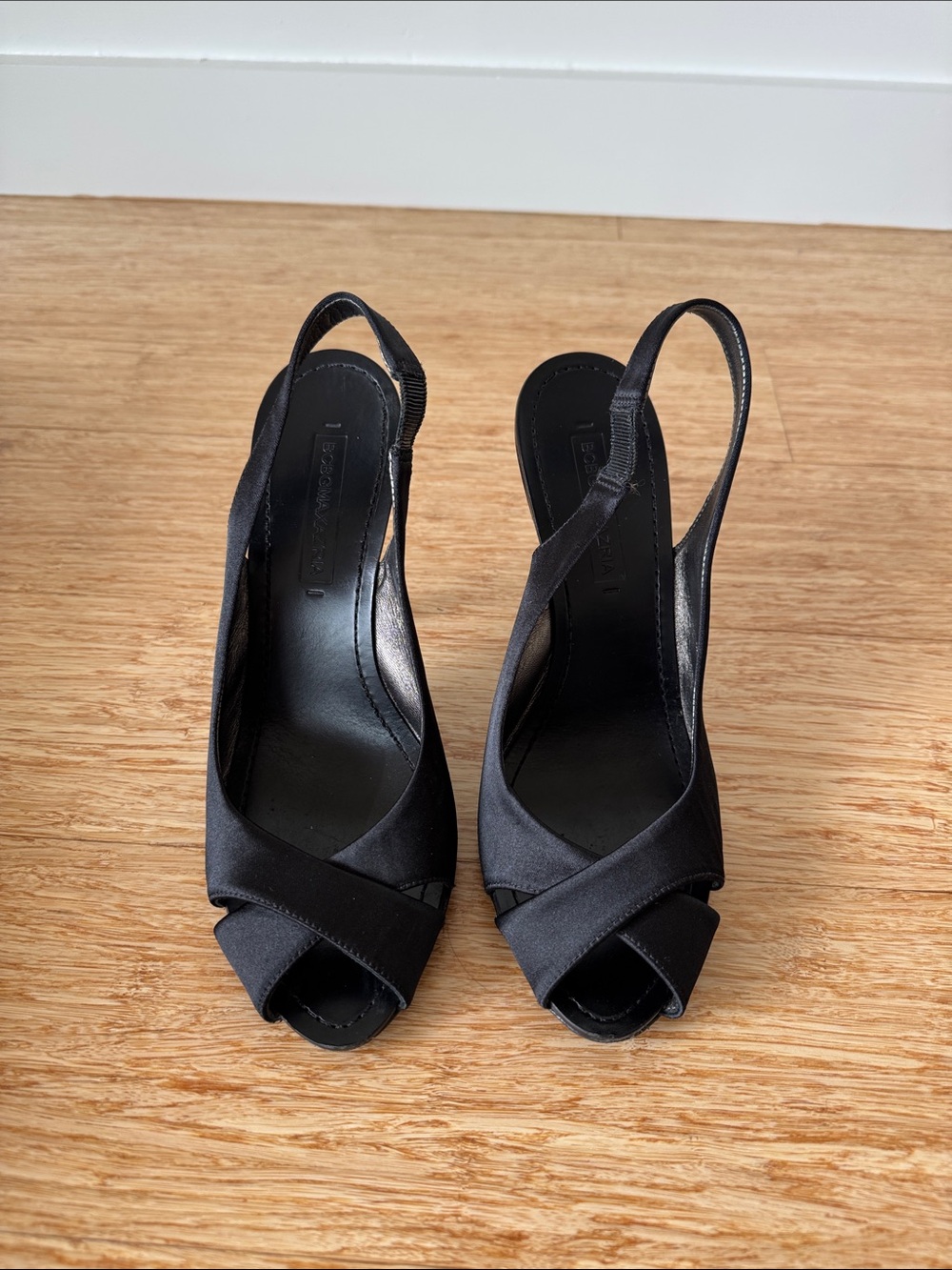 BCBG Black Satin Slingback Peep-Toe Heels
